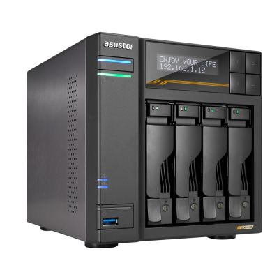 4. NAS Asustor AS6804T; Tower; 4x (3.5" SATA HDD/ 2.5" SSD); AMD Ryzen Embedded V3C14; 16G ECC DDR5 SODIMM (max. 64GB), 2x 10GbE, 2x 5GbE, 4x M.2 2280 NVMe PCIe 4.0, 2x USB4, 2x USB 3.2 Gen, 1x optional 10 GbE card