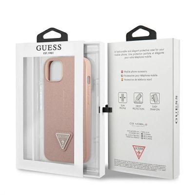 8. Etui Guess Saffiano Triangle Logo na iPhone 13 mini - różowe