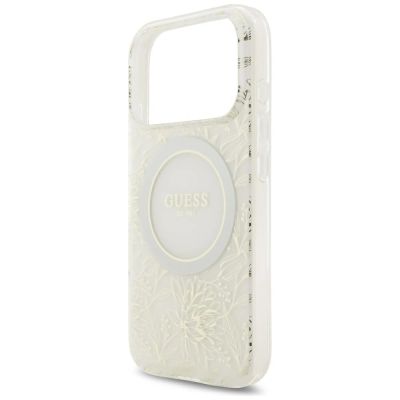 6. Etui Guess IML Flowers Allover Electroplated with Pearl Strap MagSafe na iPhone 18 Pro / 17 Pro - białe