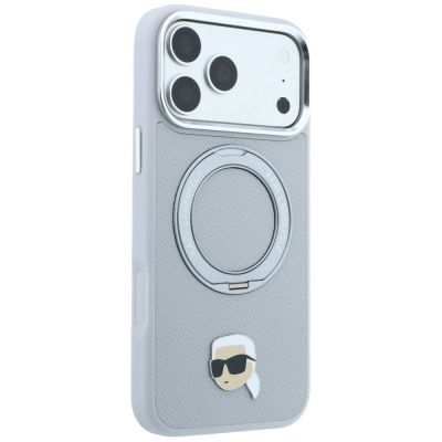 4. Etui Karl Lagerfeld with Ring Stand 360 Karl Head Pin MagSafe na iPhone 18 Pro Max / 17 Pro Max - szare