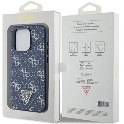 8. Etui Guess 4G Triangle Metal Logo na iPhone 15 Pro - niebieskie