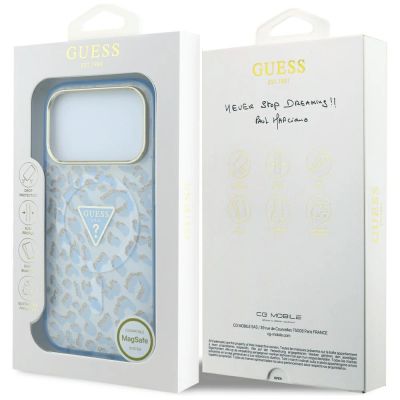 8. Etui Guess IML Leopard Glitter Triangle Logo MagSafe na iPhone 17 Pro Max / 18 Pro Max - niebieskie