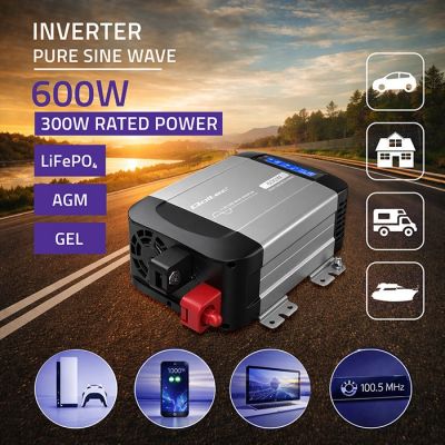 3. Qoltec Przetwornica napięcia Pure Sine Wave | 12V na 230V | 300/600W | LCD | USB | USB-C | Kompatybilna z LiFePO4 GEL AGM