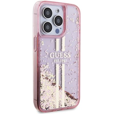 4. Etui Guess Liquid Glitter Gold Stripes na iPhone 15 Pro - różowe