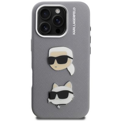 3. Etui Karl Lagerfeld FW Grained Karl & Choupette Heads Pins na iPhone 16 Pro - szare
