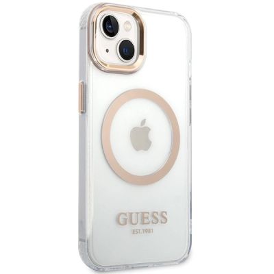 4. Etui Guess Metal Outline MagSafe na iPhone 15 Plus / 14 Plus - złote