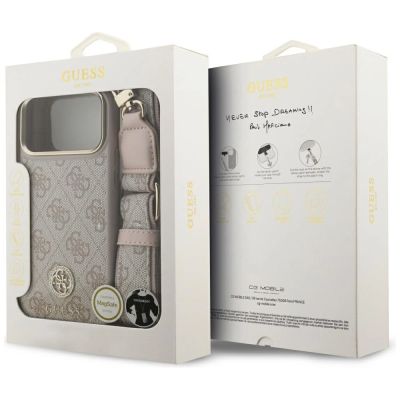 9. Etui Guess 4G Strass Logo & Big Strap Metal Buttons MagSafe na iPhone 17 Pro Max - różowe