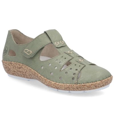 13. Półbuty damskie na rzep komfortowe ażurowe zielone Rieker 44852-52