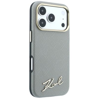 4. Etui Karl Lagerfeld Saffiano Small Script Metal Logo MagSafe na iPhone 18 Pro / 17 Pro - beżowe