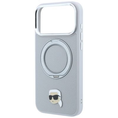 6. Etui Karl Lagerfeld with Ring Stand 360 Karl Head Pin MagSafe na iPhone 18 Pro / 17 Pro - szare