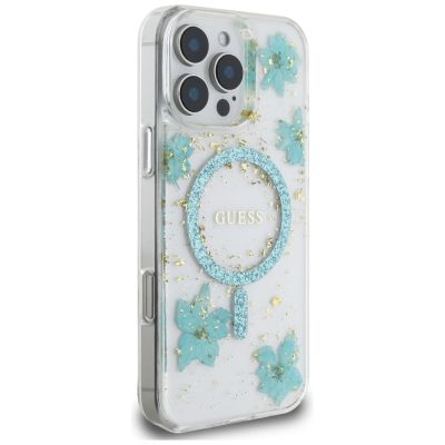 4. Etui Guess Resin Flowers Glitter MagSafe na iPhone 16 Pro - przezroczysto-zielone