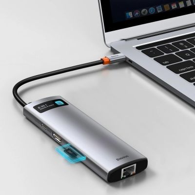 10. Hub Baseus Metal Gleam 8w1 USB-C - USB-C PD 100W 1x HDMI 4K 30Hz 1x czytnik kart SD i microSD 3x USB-A 3.2 1xRJ45 - szary