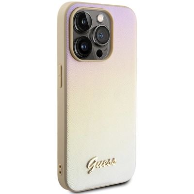 4. Etui Guess Saffiano Iridescent Script na iPhone 14 Pro - złote