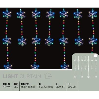 15. LAMPKI CHOINKOWE KURTYNA ŚWIETLNA 200x200 CM 408LED PŁATKI ŚNIEGU MULTIKOLOR