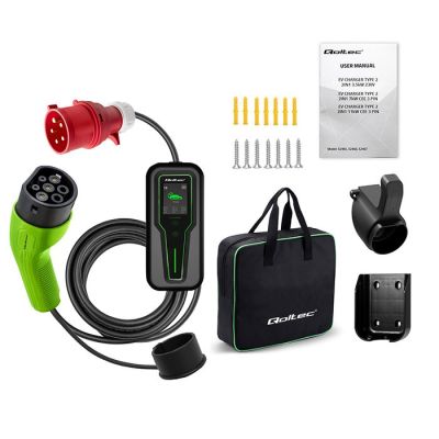 12. Qoltec 52467 Mobilna ładowarka do samochodu elektrycznego EV z regulacją 2w1 Typ2 | 11kW | 3 Fazy | CEE 5 PIN| LCD |Przenośna | Wallbox | 5m