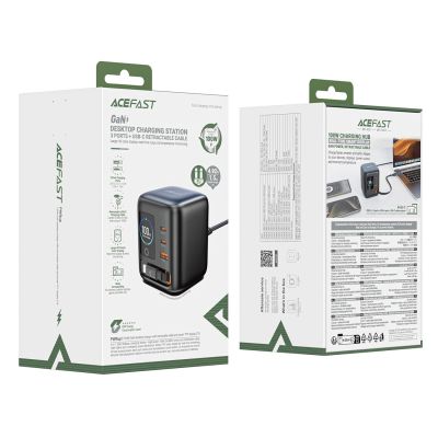 5. Ładowarka biurkowa Acefast Z10 GaN 100 W 3xUSB ze zwijanym kablem USB-C i wyświetlaczem TFT - czarna