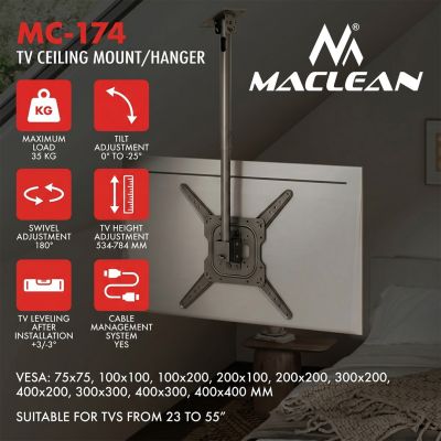 15. MACLEAN UCHWYT / WIESZAK SUFITOWY DLA TV, MAX. OBCIĄŻENIE 35KG, 23-55", MAX VESA 400X400 MC-174