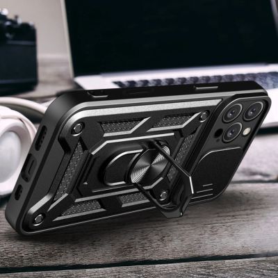 6. Etui Hybrid Armor Camshield na iPhone 16 Pro Max pancerne z osłoną na aparat z podstawką - czarne