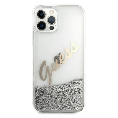 3. Etui Guess Glitter Vintage Script na iPhone 12 Pro Max - srebrne