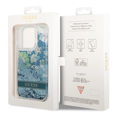 8. Etui Guess Flower Liquid Glitter na iPhone 14 Pro - zielone