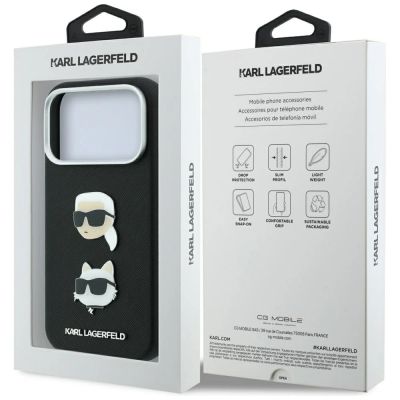8. Etui Karl Lagerfeld Saffiano with Karl & Choupette Heads Pins & Logo na iPhone 18 Pro Max / 17 Pro Max - czarne