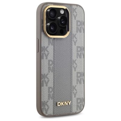 4. Etui DKNY Leather Checkered Mono Pattern MagSafe na iPhone 14 Pro - beżowe