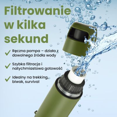 9. Extralink PURISOO+ BUTELKA Z SYSTEMEM FILTRUJACYM Z POMPKA 400ML FILTR UF + ACF Butelka filtrująca wodę 0,4 l Zielony, Oliwkowy