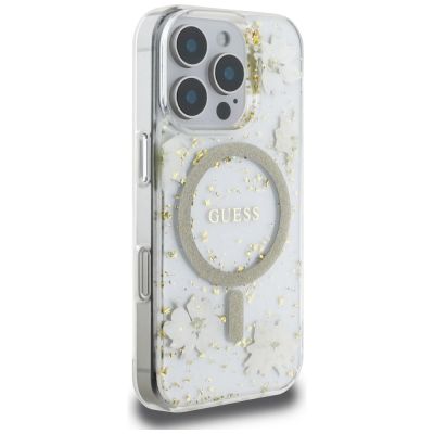 4. Etui Guess Resin Flowers Glitter MagSafe na iPhone 16 Pro - beżowe