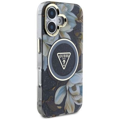 4. Etui Guess Glitter Flowers Triangle Buttons MagSafe do iPhone 16 czarny