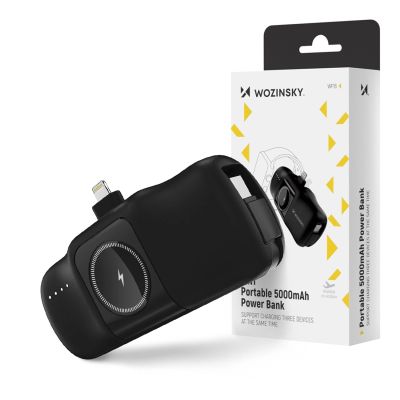 13. Mini powerbank Wozinsky WF16-YLS 5000mAh 15W Lightning z wbudowanym kablem USB-C i ładowarką do Apple Watch - czarny