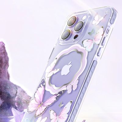 5. Kingxbar Butterfly Series magnetyczne etui iPhone 14 Plus MagSafe etui z motylami różowe