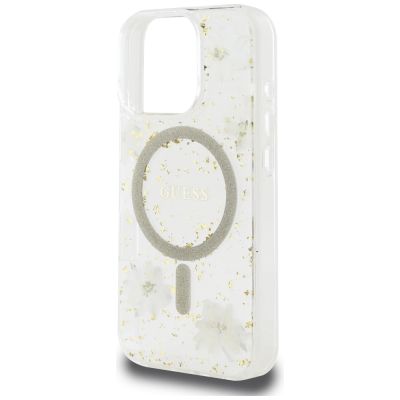 6. Etui Guess Resin Flowers Glitter MagSafe na iPhone 16 Pro - beżowe
