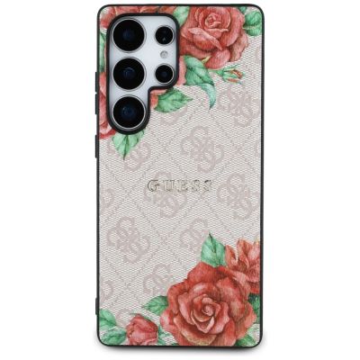 3. Etui Guess Leather 4G Flowers Print Metal Classic Logo MagSafe na Samsung Galaxy S25 Ultra - różowe