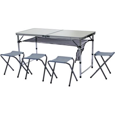 28. STOLIK TURYSTYCZNY SKŁADANY KEMPINGOWY 120x60x70/62/55CM 4 KRZESŁA I PÓŁKA