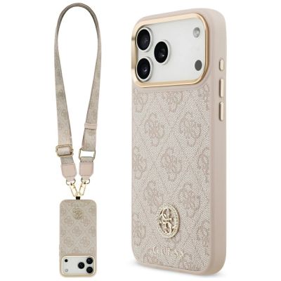 Etui Guess 4G Strass Logo & Big Strap Metal Buttons MagSafe na iPhone 17 Pro Max - różowe
