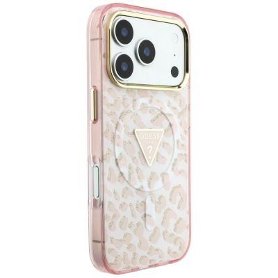 4. Etui Guess IML Leopard Glitter Triangle Logo MagSafe na iPhone 17 Pro / 18 Pro - różowe