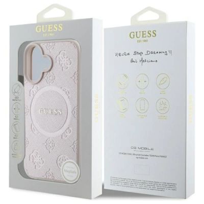 8. Etui Guess Saffiano Peony Classic Logo MagSafe na iPhone 16 - różowe