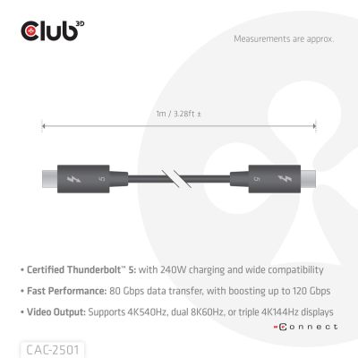 5. CLUB3D CAC-2501 kabel Thunderbolt 1 m 120 Gbit/s Czarny