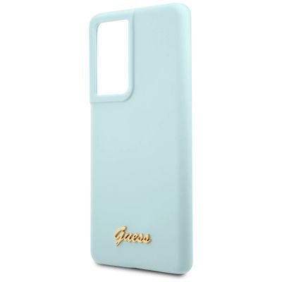 4. Etui Guess Silicone Script Metal Logo na Samsung Galaxy S21 Ultra - niebieskie