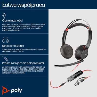 158. Słuchawki Poly Blackwire 5220 Stereo USB-C Headset +3.5mm Plug +USB-C/A Adapter 8X231AA