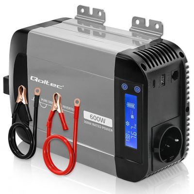 2. Qoltec Przetwornica napięcia Pure Sine Wave | 12V na 230V | 300/600W | LCD | USB | USB-C | Kompatybilna z LiFePO4 GEL AGM