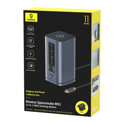 5. Stacja dokująca Baseus Spacemate RD1 hub 11w1 USB-C - 2xHDMI 4K@60Hz 2xDP 4K@60Hz 2xUSB-A 10Gb/s USB-C 10Gb/s RJ45 USB-A 480Mb/s USB-C PD mini jack 3.5mm ładowarka EU - szara