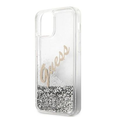 7. Etui Guess Glitter Vintage Script na iPhone 12 Pro Max - srebrne