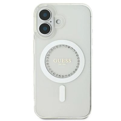 3. Etui Guess IML Rhinestones MagSafe na iPhone 16 Plus - białe