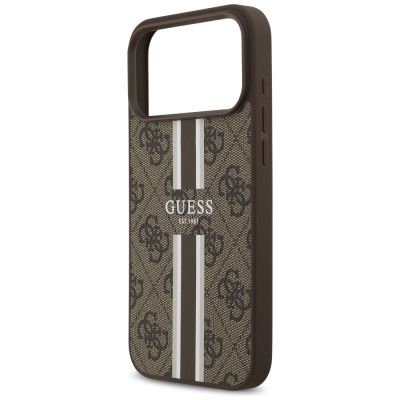6. Etui Guess 4G Printed Stripes MagSafe na iPhone 17 Pro Max - brązowe