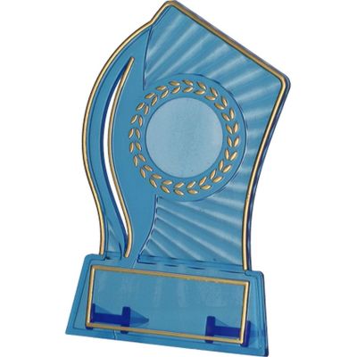 4. Trofeum plastikowe - przezroczysto - złote z miejscem na wklejkę 25mm i tabliczkę 47mmX14mm T-M