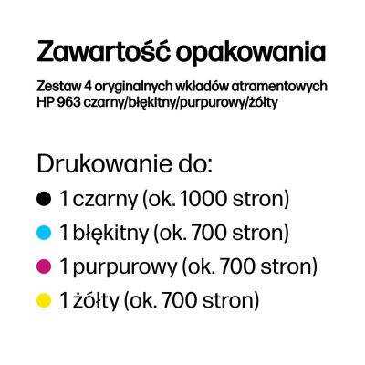 8. HP Zestaw 4 oryginalnych wkładów atramentowych 963 czarny/błękitny/purpurowy/żółty