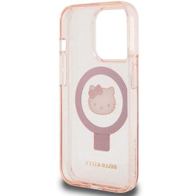 7. Etui Hello Kitty Ring Stand Glitter Electrop Logo MagSafe na iPhone 15 Pro - różowe