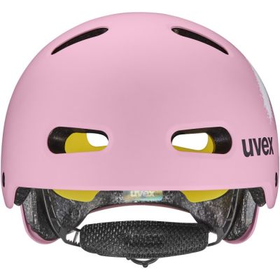 4. Kask rowerowy dziecięcy UVEX Kid 4 Style MIPS, sprawy strawberry matt