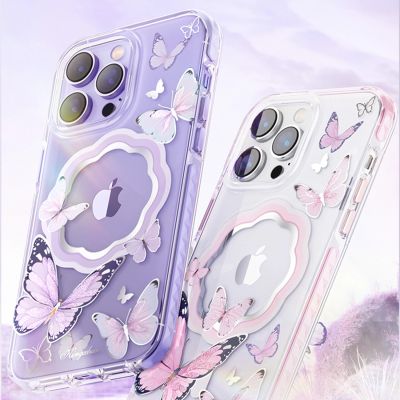 3. Kingxbar Butterfly Series magnetyczne etui iPhone 14 Plus MagSafe etui z motylami różowe